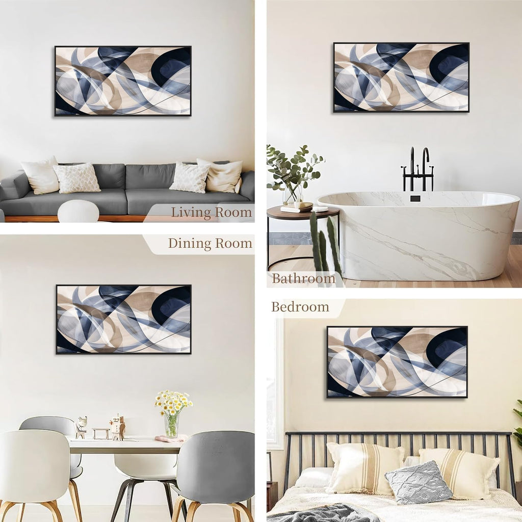 Modern Geometric Abstract Canvas Wall Art Navy Blue and Beige Tones Canvas Painting Framed Home Artwork Living Room Decor for Bedroom Office Wall Decor 30 x 58 inches