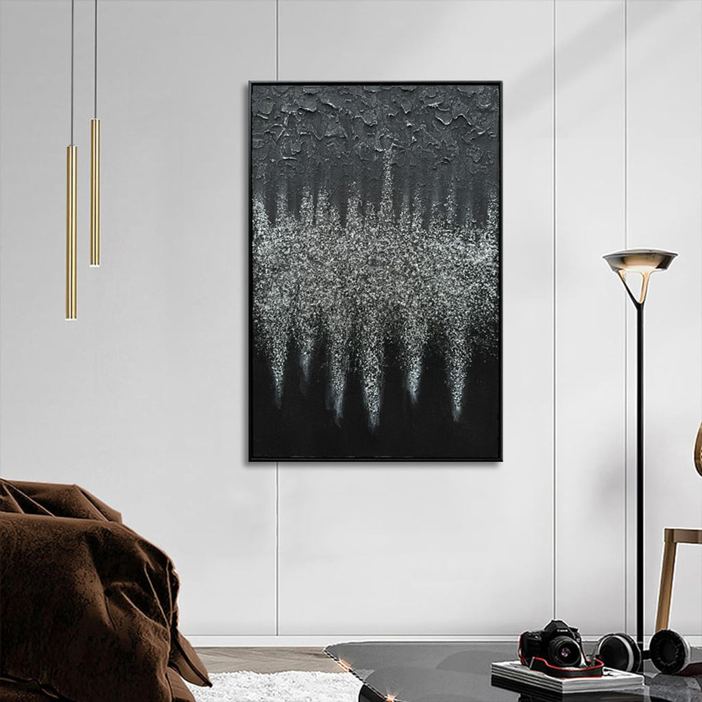 Framed Black Abstract Modern Oil Paintings, Glass Crystal Textured Wall Art, Vertical Contemporary Art, Glittery Crystal Artwork