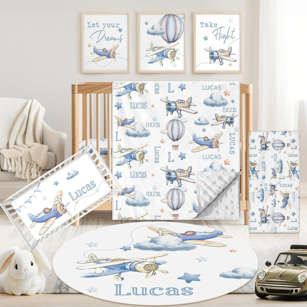 Personalized Baby Crib Bedding Set, 5 Pcs Custom Name Nursery Bedding Set for Girls Boys, Blue Plane Baby Crib Set for Toddlers Infants, Double Layer Bedding Crib Sets Customized Gifts