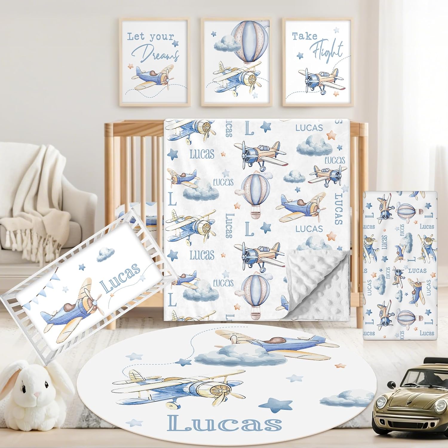 Personalized Baby Crib Bedding Set, 5 Pcs Custom Name Nursery Bedding Set for Girls Boys, Blue Plane Baby Crib Set for Toddlers Infants, Double Layer Bedding Crib Sets Customized Gifts