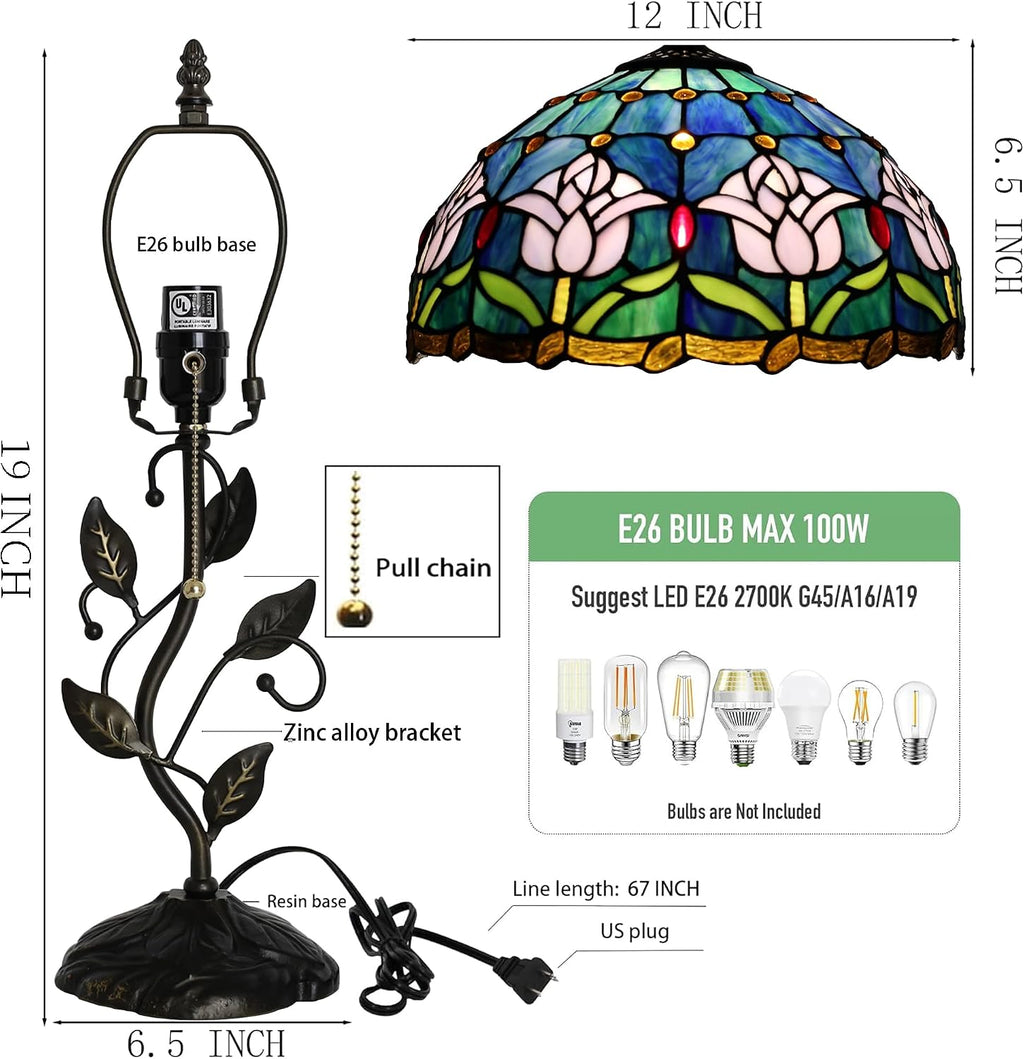 Tiffany Lamp Stained Glass Style Table Lamp Pink Tulips Style Bedside Desk Reading Light W12H19 Inch Metal Leaf Base with Metal Leaf Base