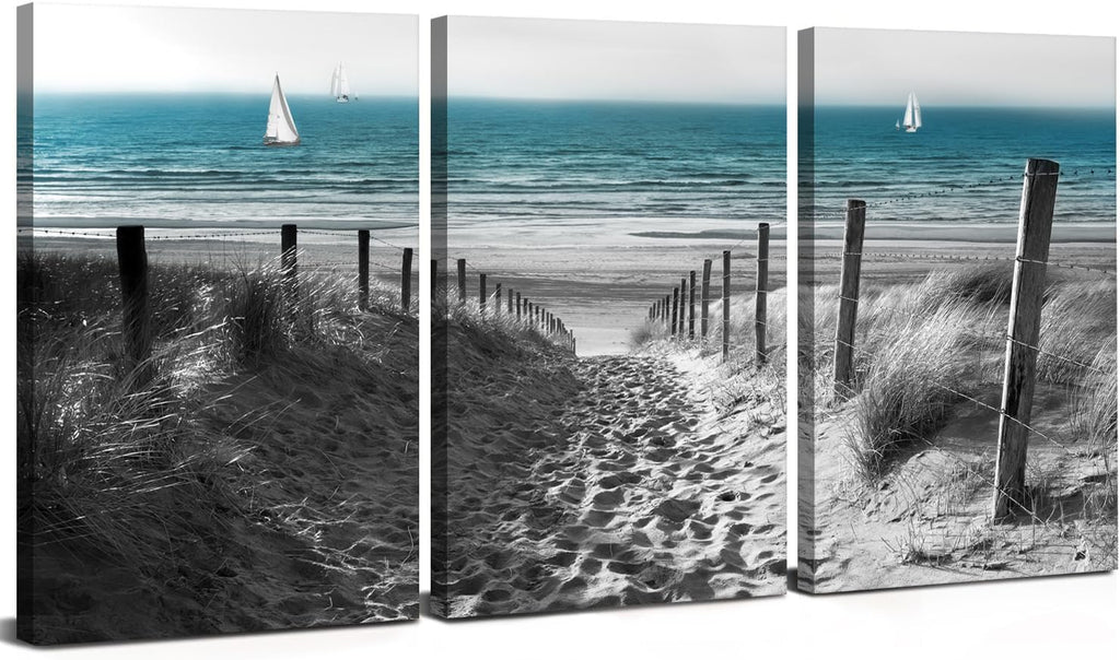 Teal Grey Beach Wall Art Black and White Coastal Wall Decor for Living Room Ocean Theme Nature Landscape Pictures Nautical Seascape Canvas Paintings Bedroom Bathroom Office Home Decoration 20x30' 3Pcs