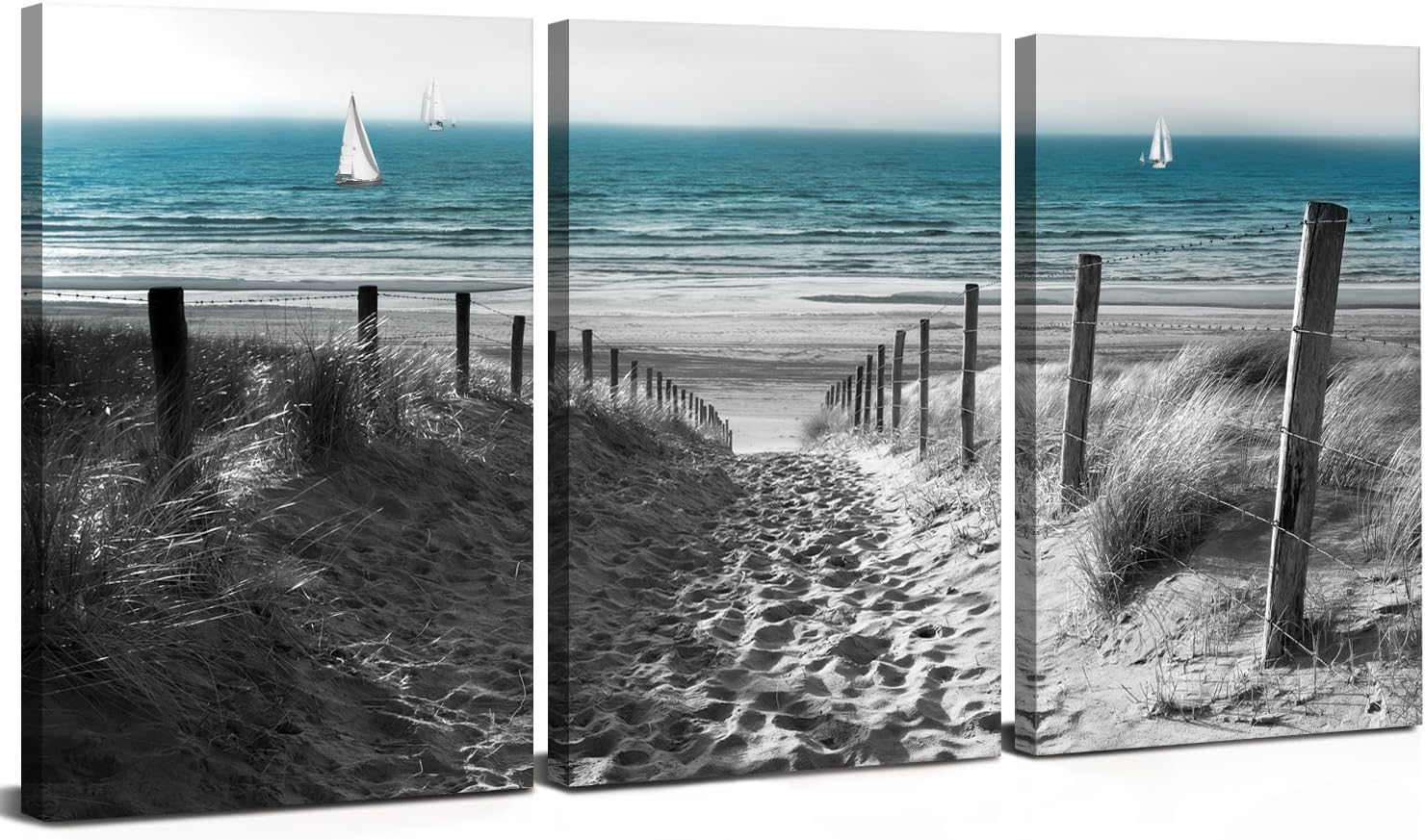 Teal Grey Beach Wall Art Black and White Coastal Wall Decor for Living Room Ocean Theme Nature Landscape Pictures Nautical Seascape Canvas Paintings Bedroom Bathroom Office Home Decoration 20x30' 3Pcs