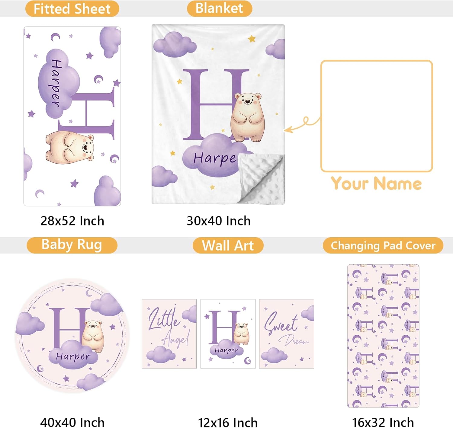 Terwex Custom Crib Bedding Set, 5 Pcs Personalized Nursery Bedding Sets with Name, Infant Bedding Set for Baby Girl Boy, Purple Polar Bear Double Layer Baby Crib Set, Toddlers Babies Customized Gifts