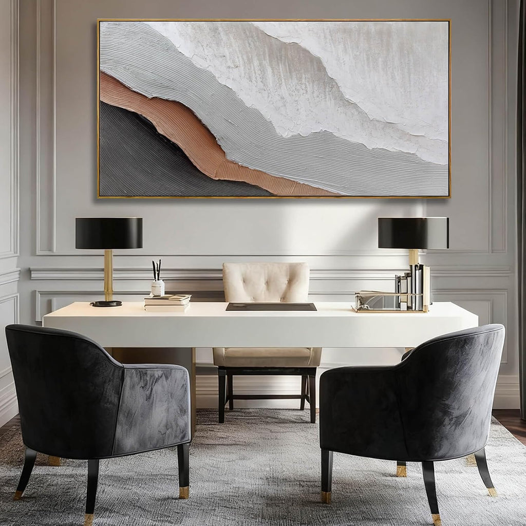 Textured White Wall Art,Grey Abstract Artwork,Large Framed Modern Pictures,Wave Landscape Oil Painting 24'x48'for Home Office Gallery