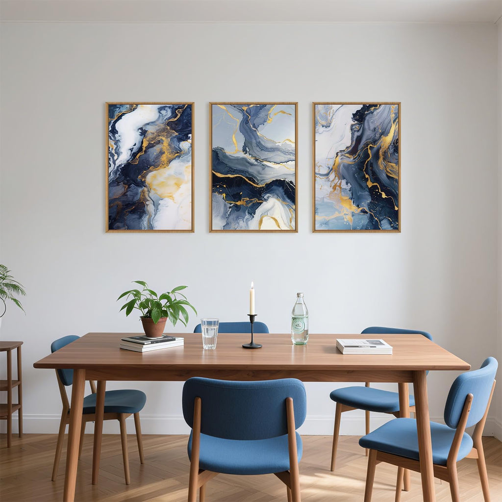 Navy Blue and Gold Framed Canvas Wall Art Set,Mid-Century Modern Abstract Wall Decor,Navy Blue Ink Wash Painting,Neutral Art Print for Living Room,Bedroom,Dining Room,Office - 24'x36'x3