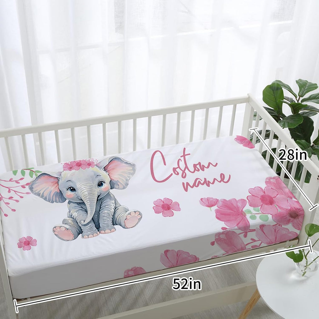 TOOTANN Custom Baby Crib Bedding Set, 5 Pcs Personalized Name Baby Crib Sheets for Kid Toddler Infant, Little Elephant with Red Flowers Nursery Bedding Set