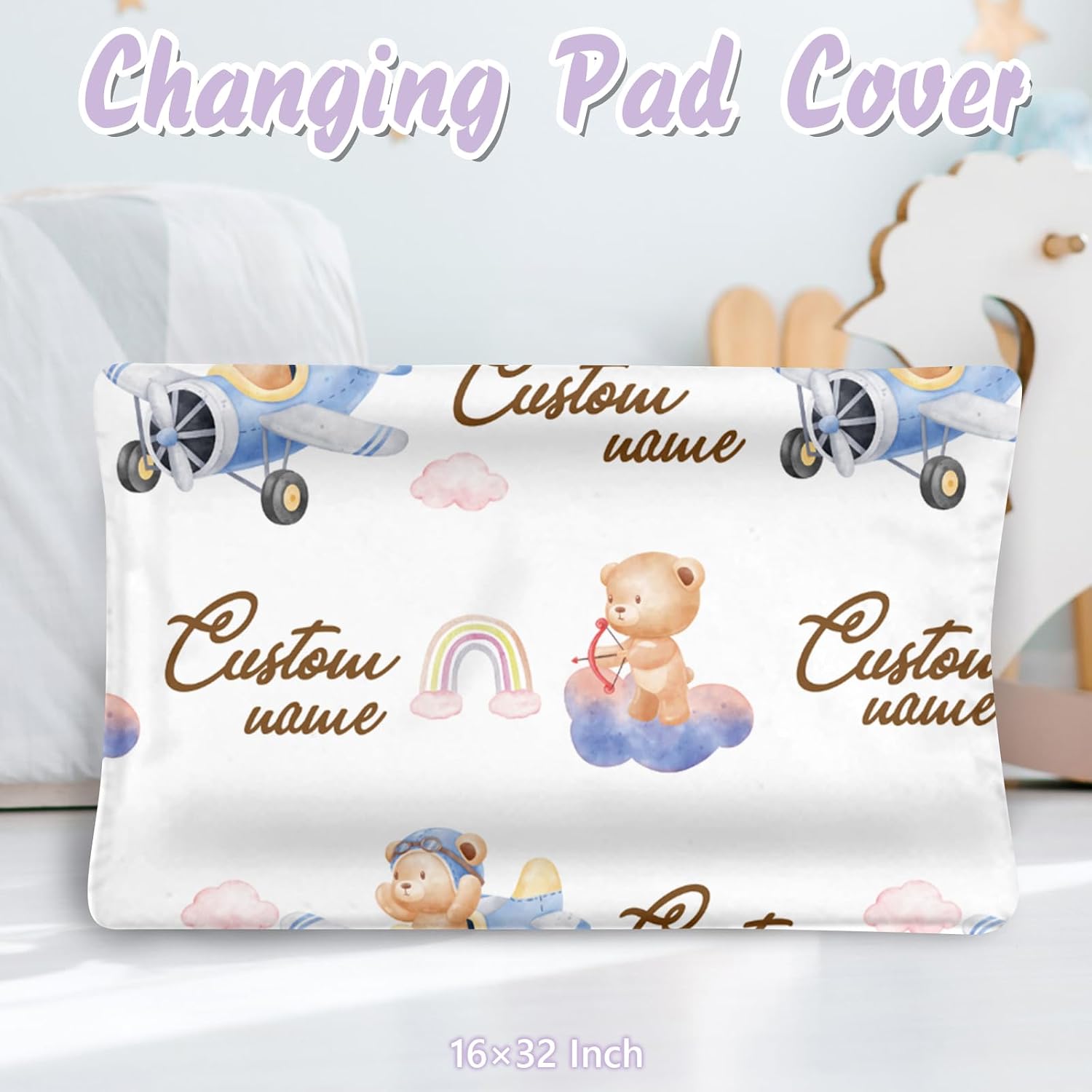 Custom Baby Crib Bedding Set, 5 PCS Personalized Name Baby Crib Sets for Girls Boys, Pilot Bear Theme Nursery Bedding Sets for Infant Toddler, Double Layer Flannel Bed Set Customized Gifts