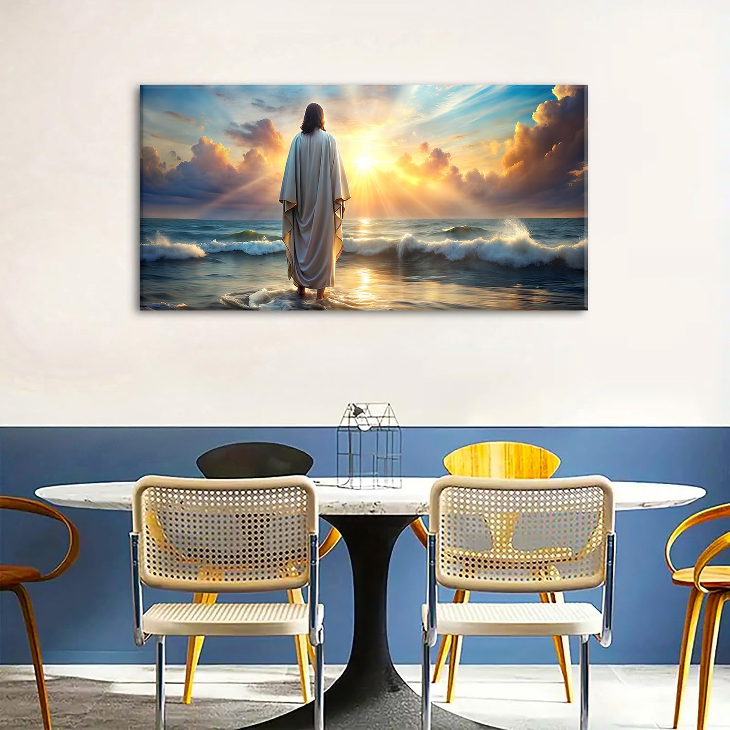 Large Jesus Canvas Wall Art Jesus Walking on Water Wall Decor for Living Room Office Inspirational Christian Picture Prints Sunset Ocean Coastal Painting Religious Poster Artwork Decorations 24x48'