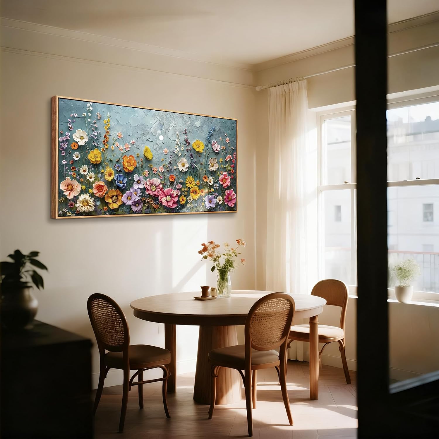 imjiayu Oversized Wall Art, Floral Wall Decor, Framed Wall Art, Colorful Botanical Flower Art Prints, Green Meadow Wildflowers Paintings for Living Room Dining Room Farmhouse Office Hotel 29'x57'