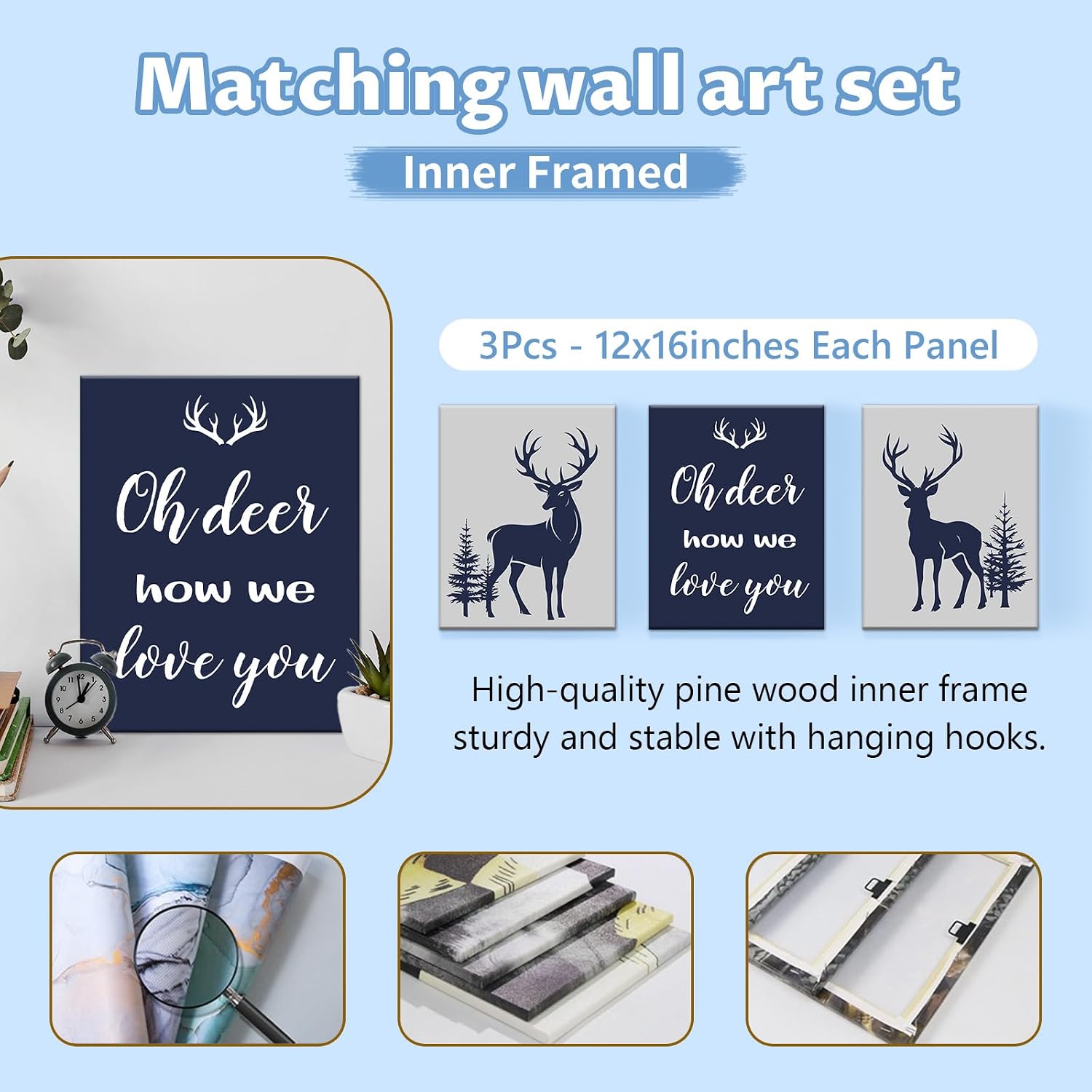 KAINSY Personalized Baby Bedding Set, 5 Pcs Custom Name Crib Bedding Set, Double Layer Blue Nursery Bedding Set for Baby Boys, Woodland Deer Baby Crib Set, Gifts for Toddlers Infants New Parents