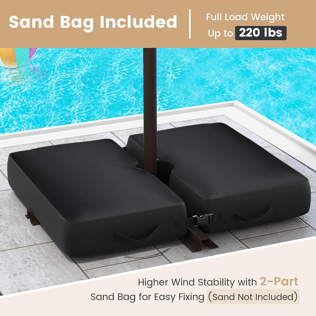 Tangkula 10FT Offset Patio Umbrella with Base Included, Outdoor Cantilever Umbrella with 40 Solar LED Lights, Tilt Adjustment, Crank Handle, Vented Top, Sand Bags for Pool Yard Deck (Beige)
