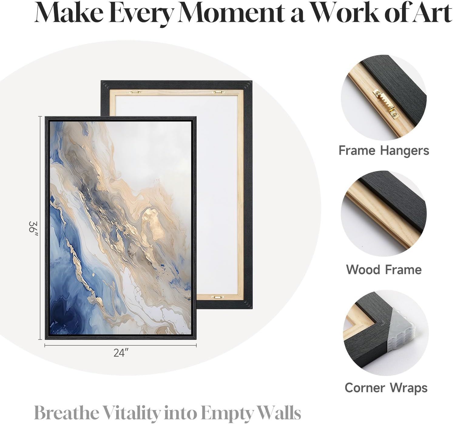 Large Framed Abstract Blue and Gold Wall Art for Living Room, 3 Piece Modern Canvas Artwork for Walls, Contemporary Pictures Prints Paintings for Bedroom Hallway Wall Decor, 24x36 Inch