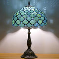Tiffany Lamp Stained Glass Table Lamp Antique Bedside Reading Light W12H19 Inches (Sea Blue Pearl)