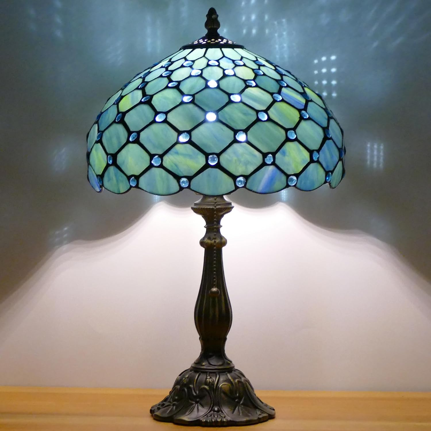 Tiffany Lamp Stained Glass Table Lamp Antique Bedside Reading Light W12H19 Inches (Sea Blue Pearl)