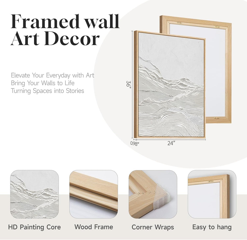 Large Framed White Abstract Wall Art Set of 2 for Living Room, Neutral Minimalist Modern Print Canvas Artwork for Walls, Contemporary Abstract 2D Wall Decor for Bedroom Office Hallway, 24x36 In