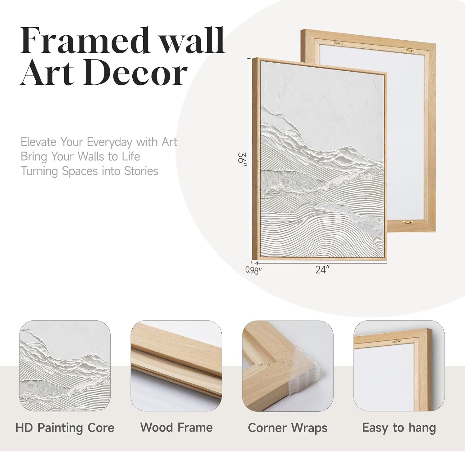 Large Framed White Abstract Wall Art Set of 2 for Living Room, Neutral Minimalist Modern Print Canvas Artwork for Walls, Contemporary Abstract 2D Wall Decor for Bedroom Office Hallway, 24x36 In