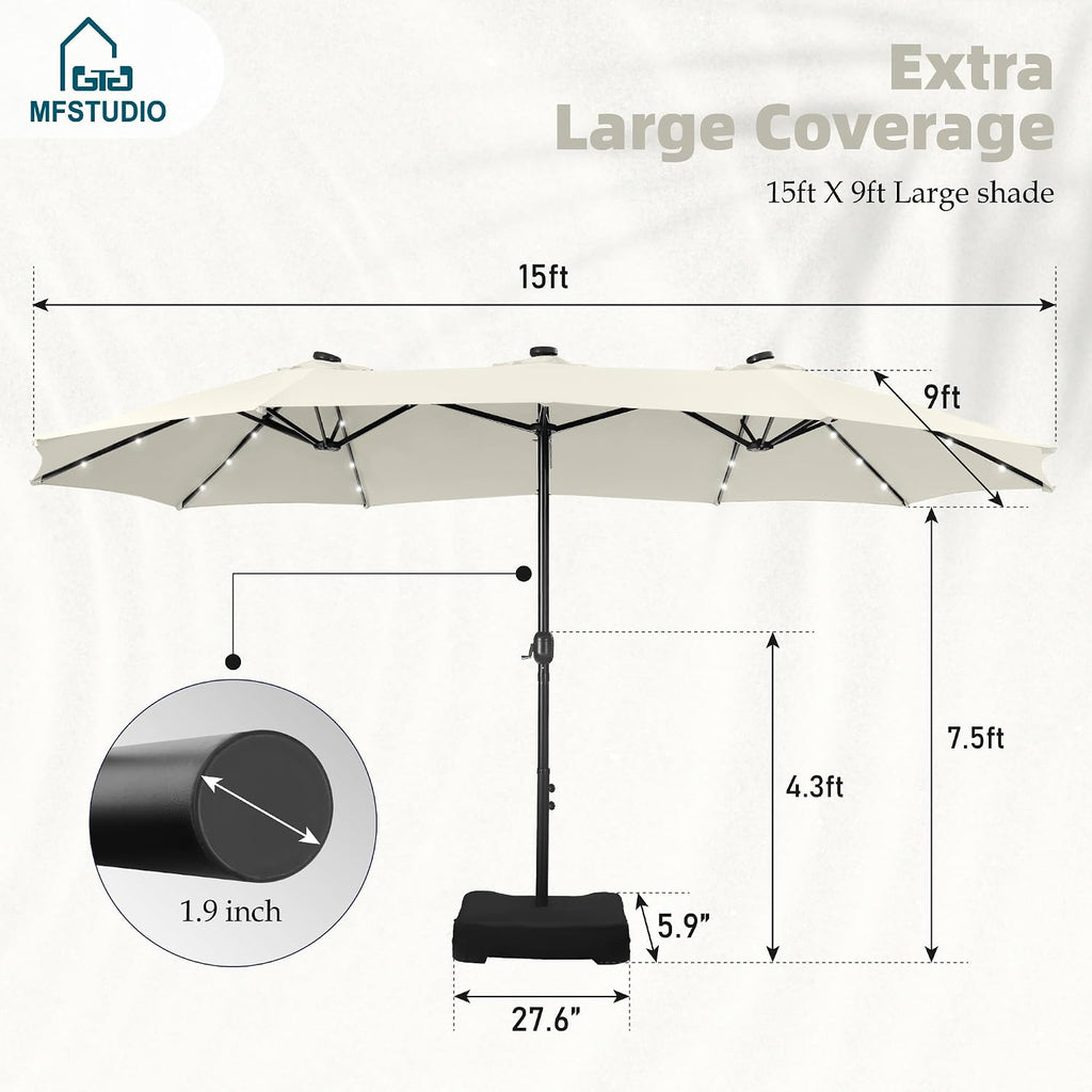 MFSTUDIO 15ft Double Sided Patio Umbrella with Solar Lights, Outdoor Large Umbrellas with Crank Handle and 36 LED Lights, Rectangular Market Umbrella with Base Included for Deck Pool Shade, Ivory