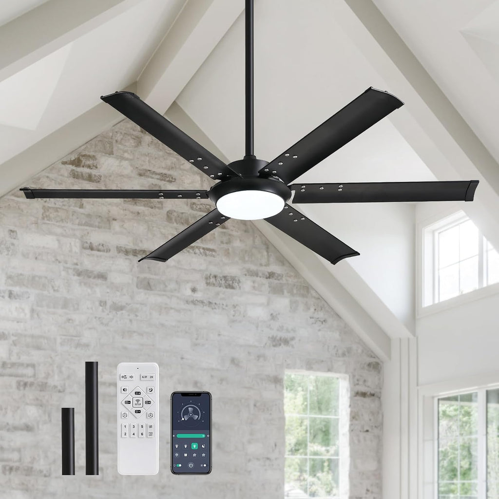 52 Inch Modern Ceiling Fan with Lights & Remote Control, 3CCT, Black Industrial Ceiling Fan, Aluminum Fandelier Dimmable, Reversible 6 Speed Quiet for Living Room Patio Bedroom Dining Room