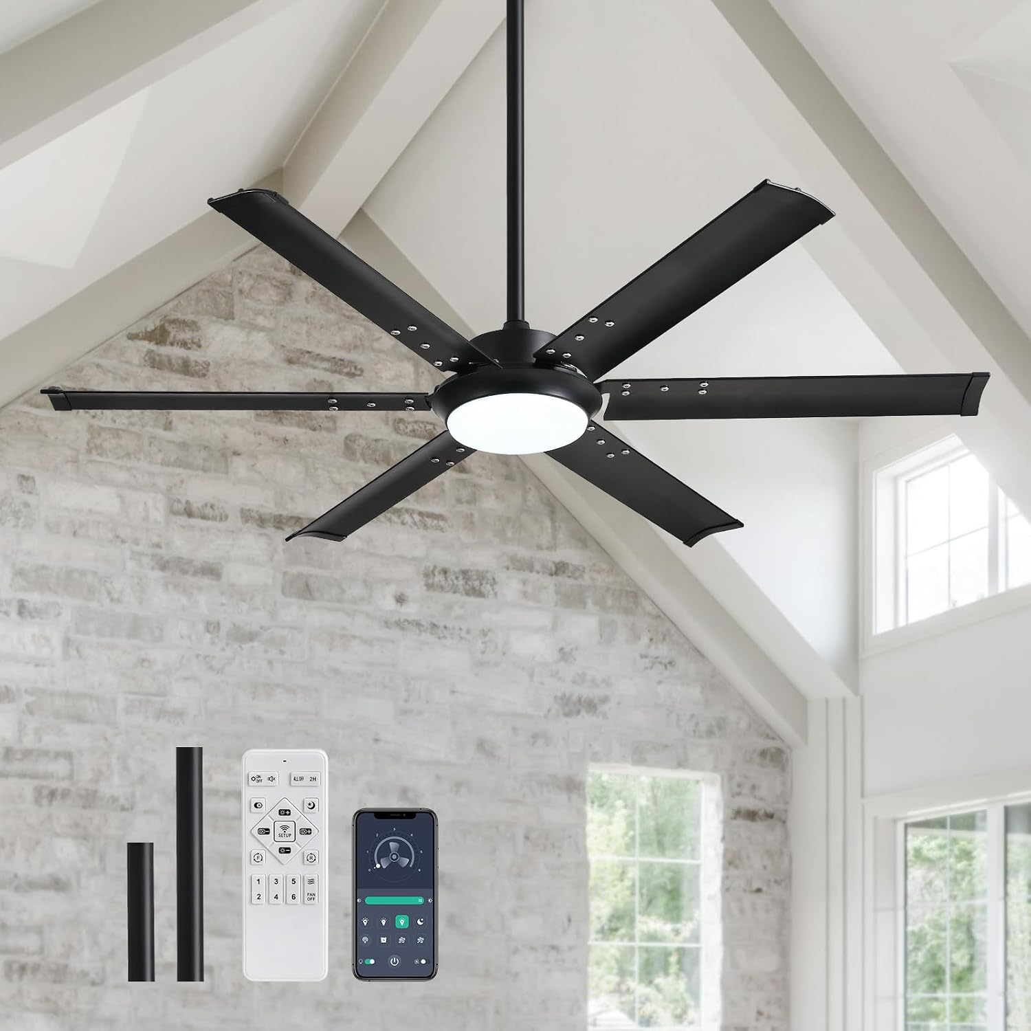 52 Inch Modern Ceiling Fan with Lights & Remote Control, 3CCT, Black Industrial Ceiling Fan, Aluminum Fandelier Dimmable, Reversible 6 Speed Quiet for Living Room Patio Bedroom Dining Room