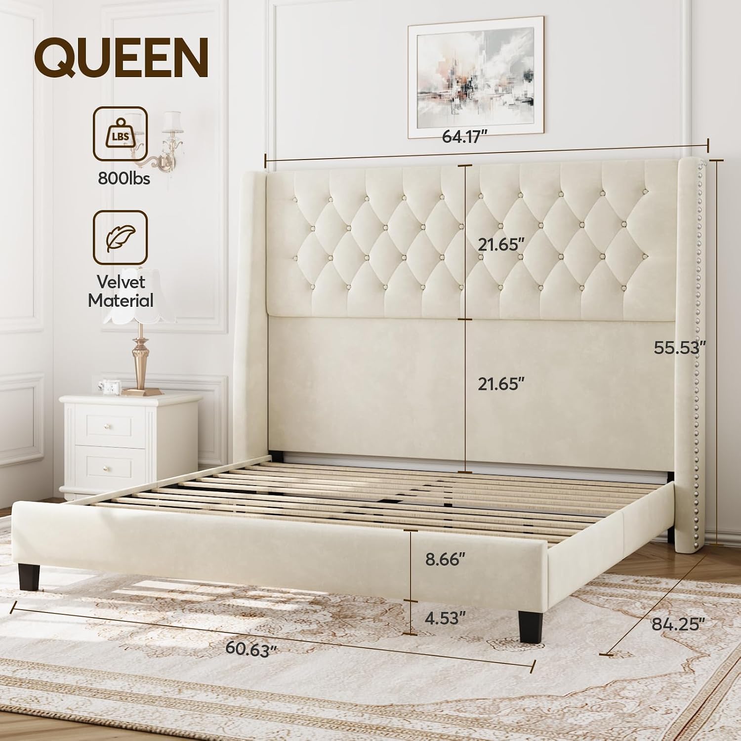 Queen Bed Frame with 55' Tall Headboard, Upholstered Bed Frames, Soft Fabric, Button Tufted Headboard with Windback, Platform Bed, Noise-Free, No Box Spring Needed, Beige