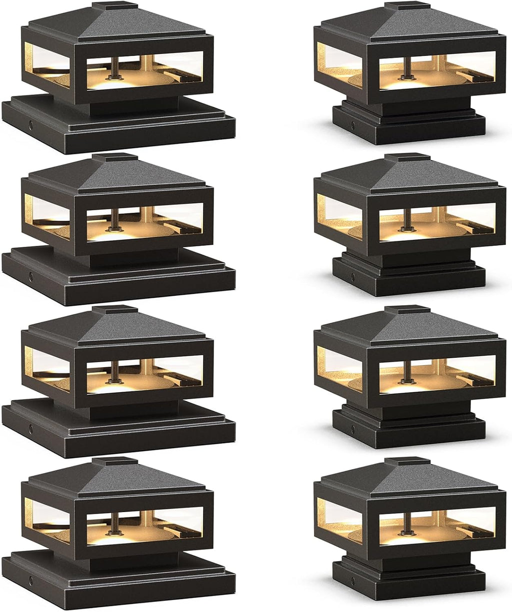 GOODSMANN Landscape Lighting 8PK Low Voltage Post Cap Lights Outdoor Lights 3W LED 150 Lumen 3000K with Cable Connectors 2 Bases for 6X6 (Actual 5.5' x 5.5') and 4X4 (Actual 3.5' x 3.5')