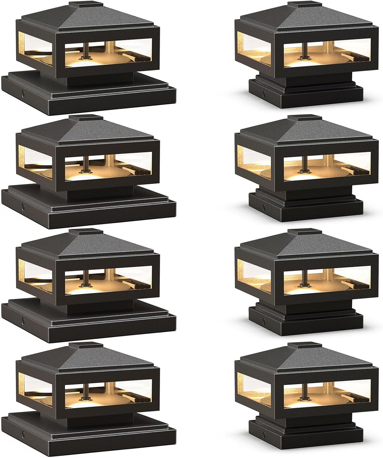 GOODSMANN Landscape Lighting 8PK Low Voltage Post Cap Lights Outdoor Lights 3W LED 150 Lumen 3000K with Cable Connectors 2 Bases for 6X6 (Actual 5.5' x 5.5') and 4X4 (Actual 3.5' x 3.5')
