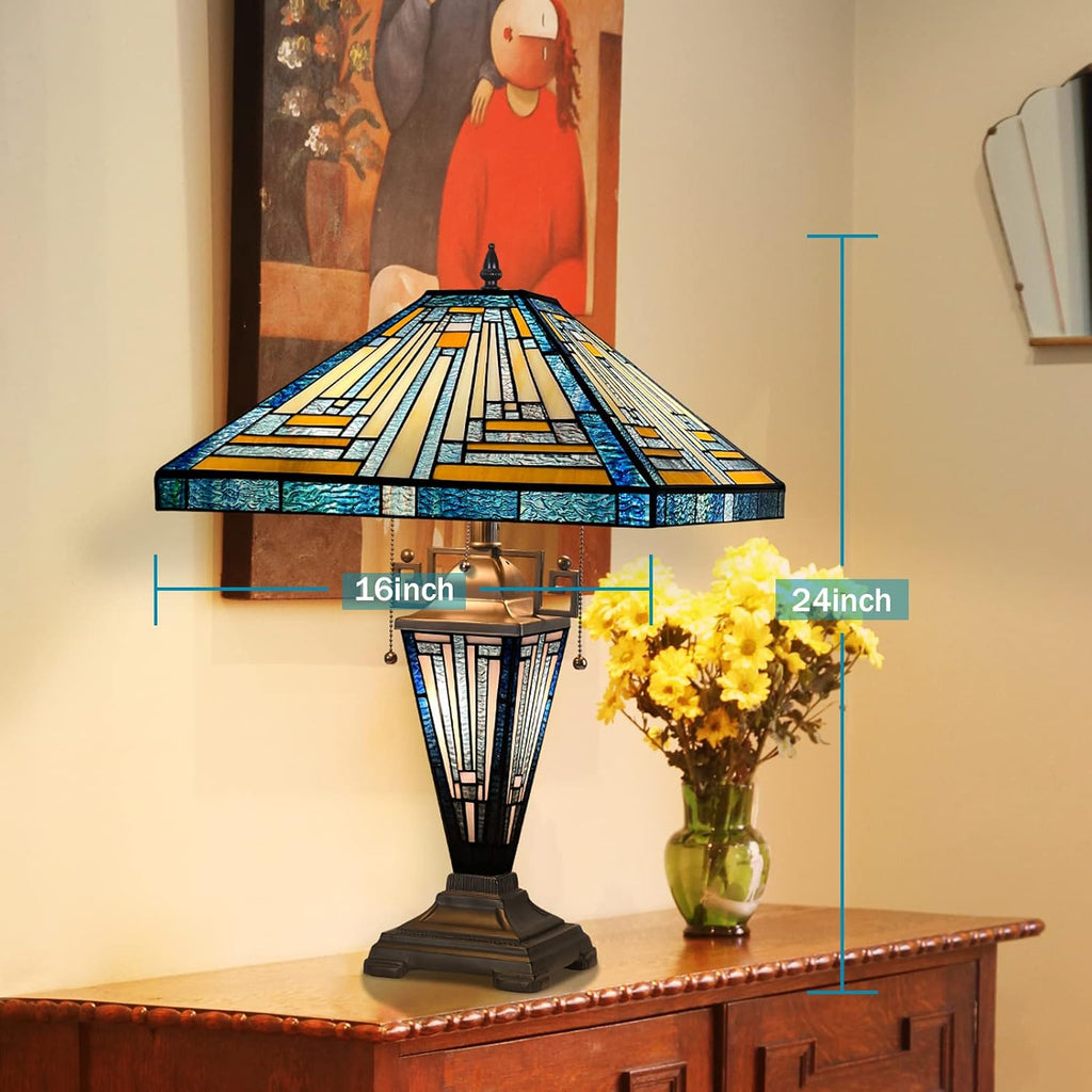 Capulina Tiffany Lamp Stained Glass Table Lamp with Night Light 3-Light 16x16x24 Inches Mother-Daughter Vase Mission Blue Amber Desk Lamp for Home Office Living Room Bedroom