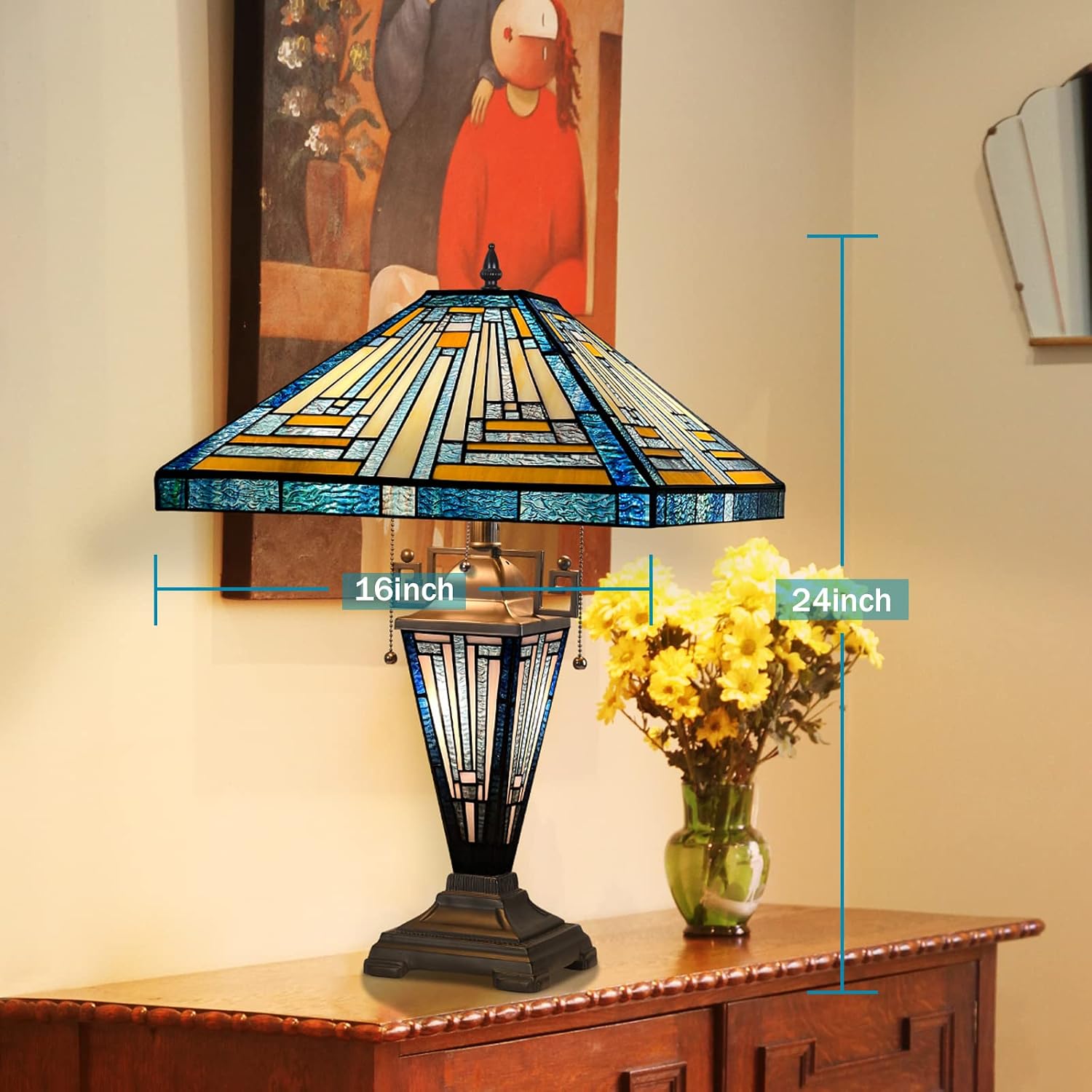 Capulina Tiffany Lamp Stained Glass Table Lamp with Night Light 3-Light 16x16x24 Inches Mother-Daughter Vase Mission Blue Amber Desk Lamp for Home Office Living Room Bedroom