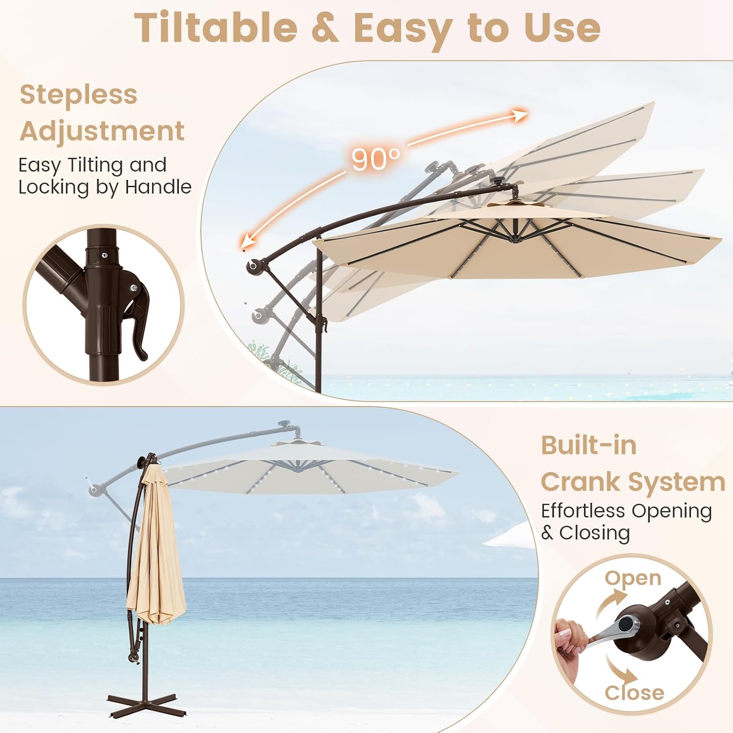 Tangkula 10FT Offset Patio Umbrella with Base Included, Outdoor Cantilever Umbrella with 40 Solar LED Lights, Tilt Adjustment, Crank Handle, Vented Top, Sand Bags for Pool Yard Deck (Beige)