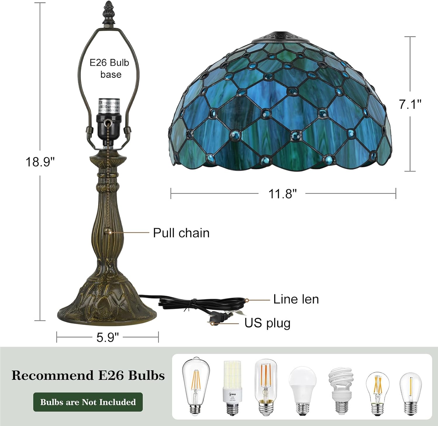 MOAN Lamp Stained Glass Table Lamp 12X12X19 Inch Bedside Reading Light Antique Bronze Base(Sea Blue Pearl Style)