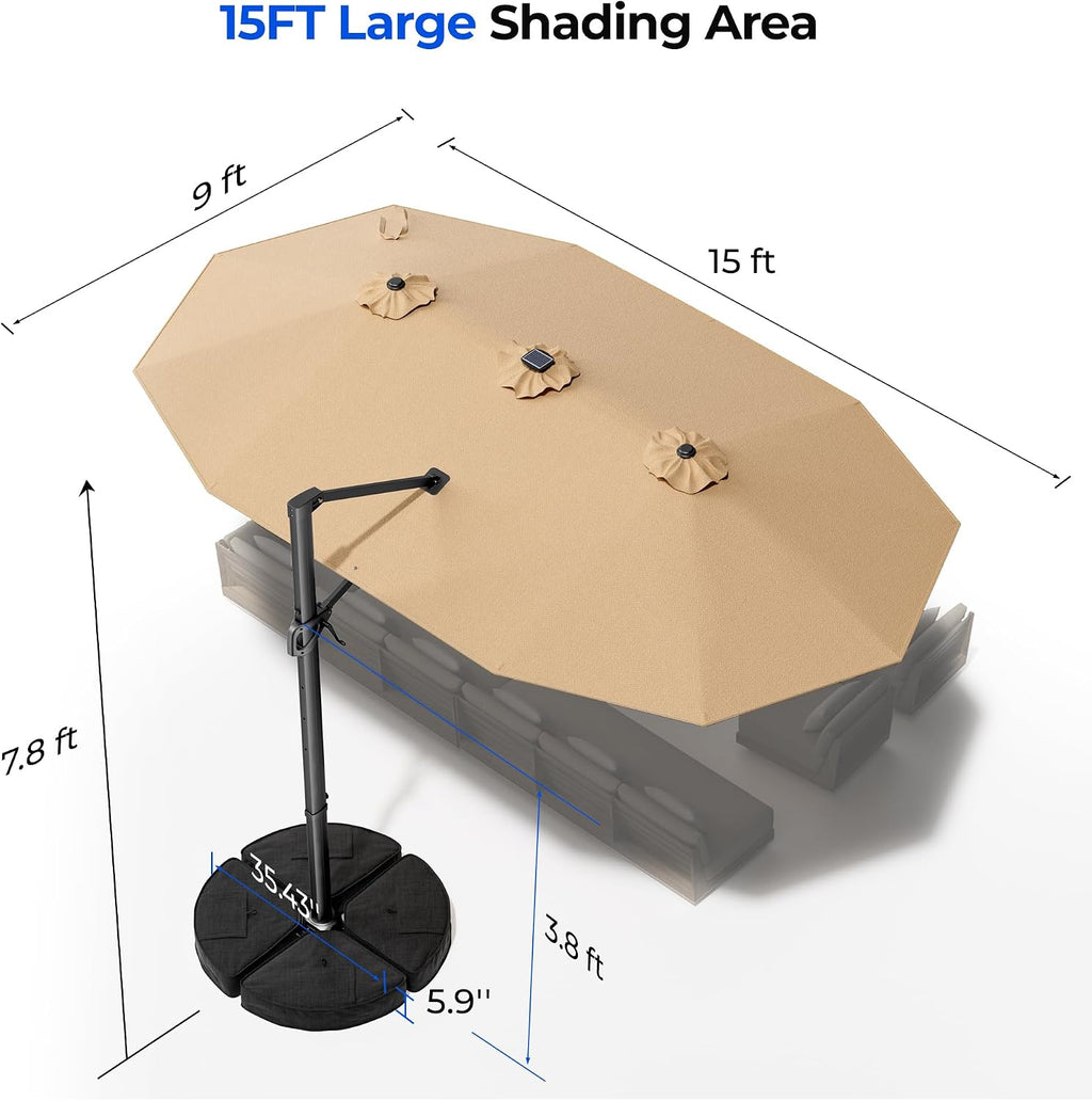 HOMSHADE 15FT Cantilever Double-Sided Umbrella with Solar Light and Base, Rectangle Oversized Offset Patio Umbrellas, Extra Large Outdoor Umbrella for Pool, Deck, Garden (Beige)