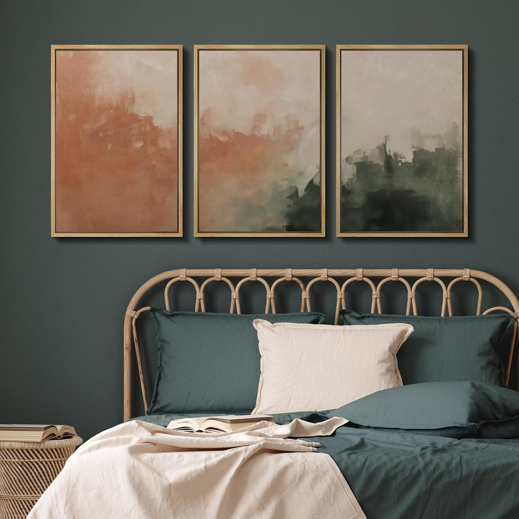 SIGNFORD Framed Canvas Print Wall Art Set Sunset Mist Abstract Coral and Green Illustrations Modern Art Relax/Calm for Living Room, Bedroom, Office - 24'x36'x3 Natural