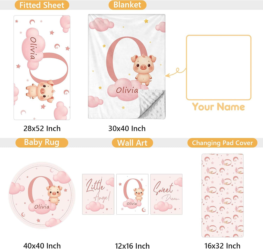Terwex Custom Baby Bedding Set, 5 Pcs Personalized Baby Crib Sets with Name, Toddler Bedding Set for Baby Girls Boys, Pink Pig Double Layer Nursery Bedding Set, Customized Gift for Infant New Parents