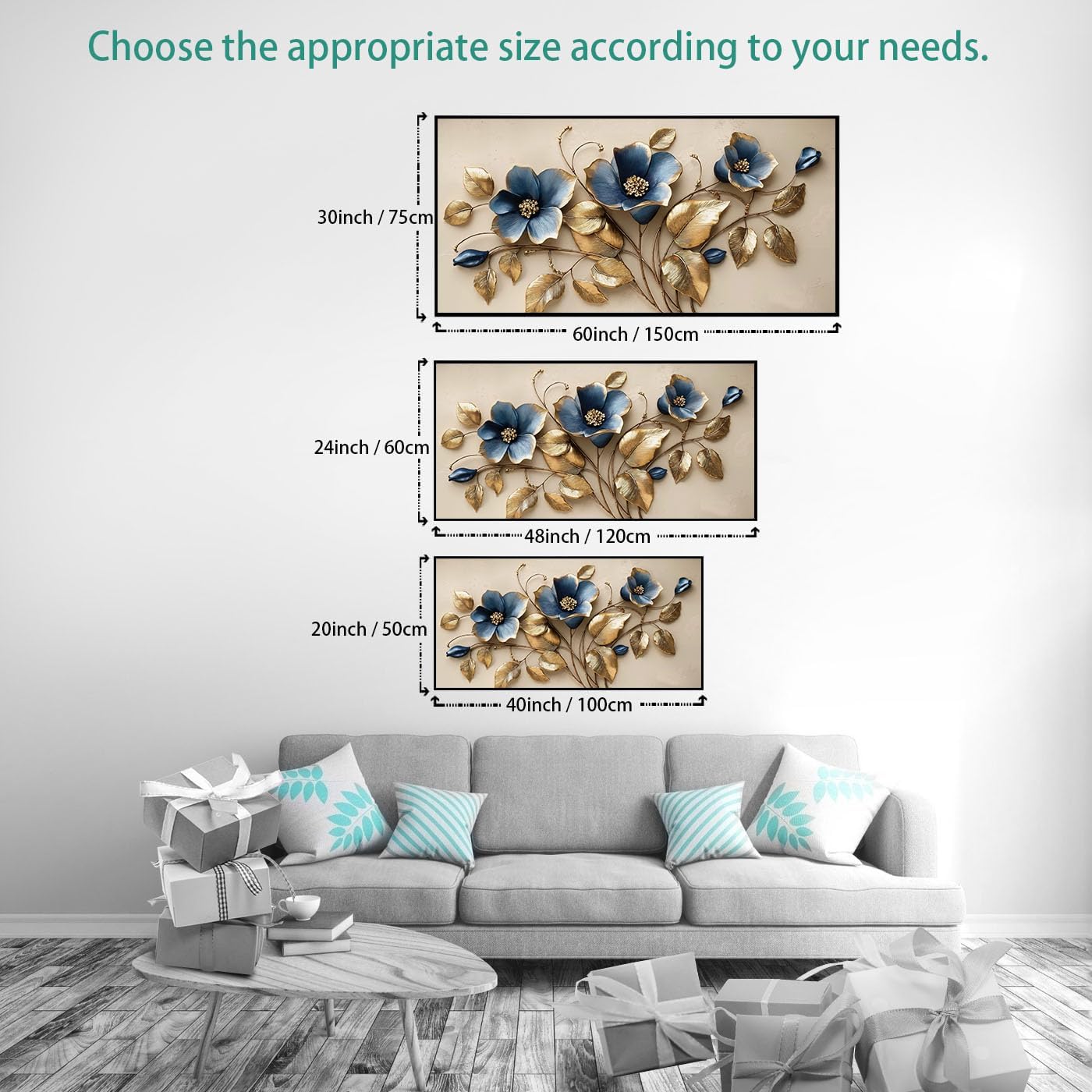 Solid wood Framed blue 3D Flowers Wall Art for Bedroom Home Decor Artwork for Wall Blue Abstract Background Golden leaf Wall Decor Canvas Print Office Living Room Decor Ready to Hang 29x48inch