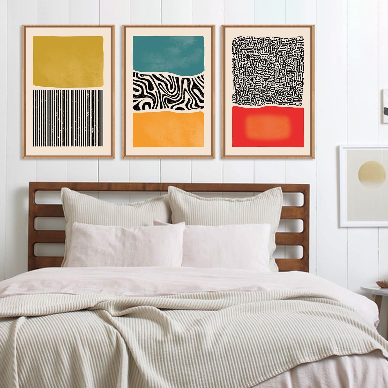 HLNIUC Large Mid Century Modern Wall Art Framed 24x36, Boho Abstract 3 Piece Canvas Decor, Mcm Vintage Bohemian Color Block Painting, Geometric Line Art Print for Living Room, Bedroom, Office