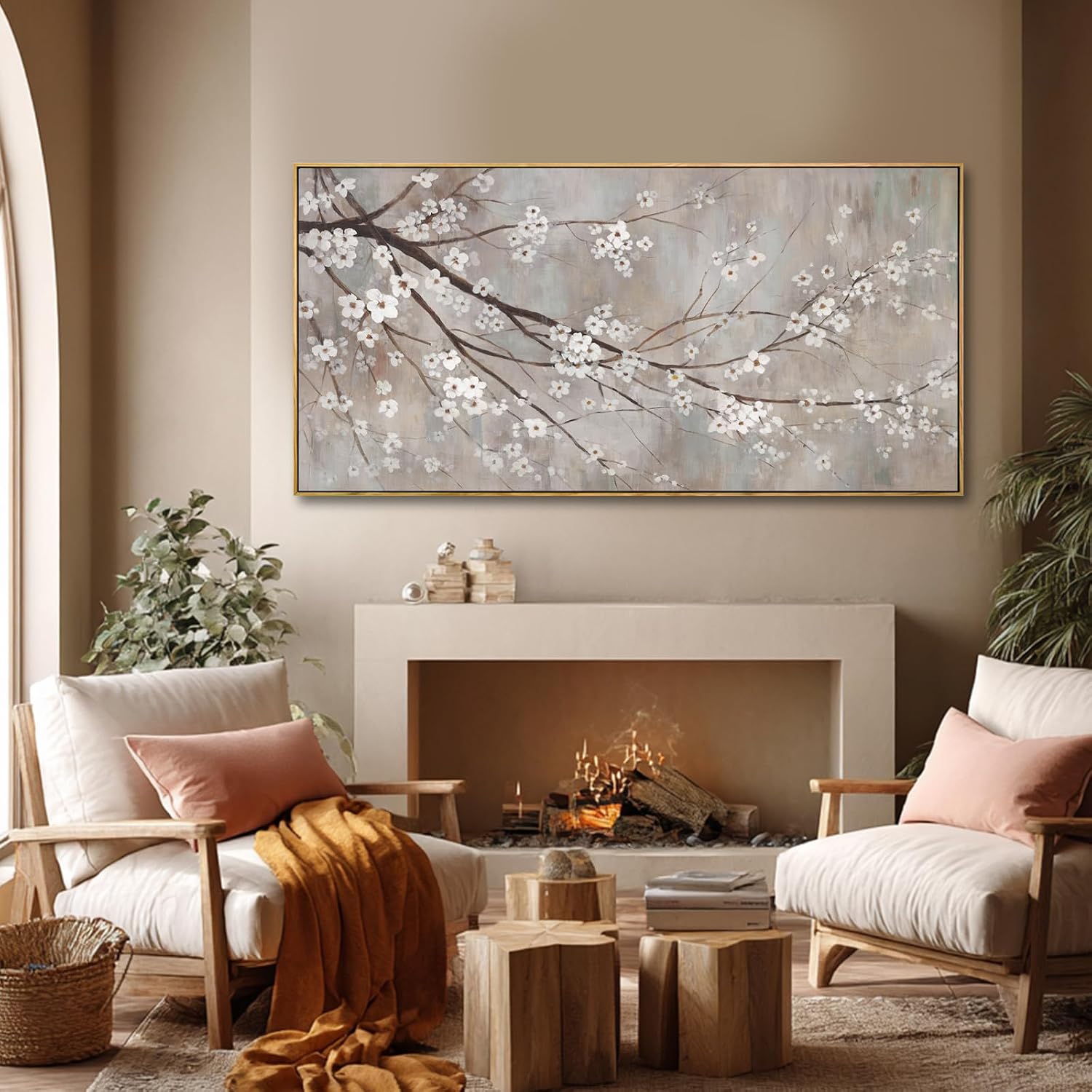 Flowers Wall Art Grey Pictures Wall Painting Large Framed Canvas Art Landscape Artwork for Dining Room Home 29'x 58' Ready to Hang