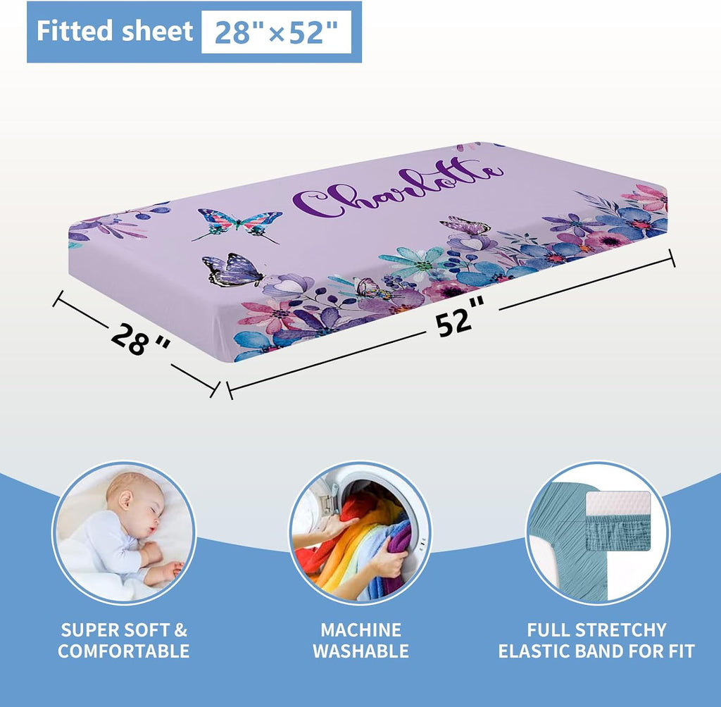 KAINSY Personalized 5-Piece Crib Set, Custom Bedding With Name for Girls, Purple Butterfly Nursery Set, Gifts for Infants, Toddlers, New Parents