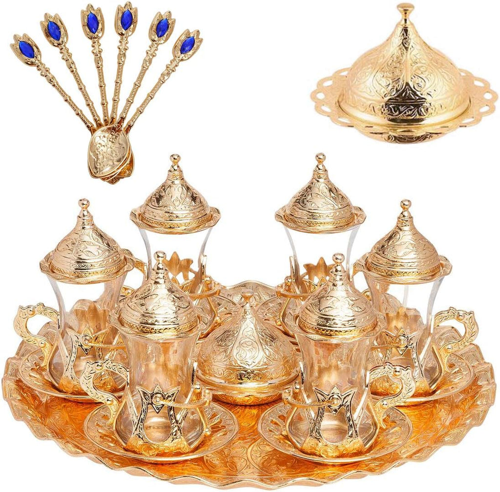 Alisveristime Handmade Turkish Tea Water Zamzam Serving Set Glasses Saucer, Tray and Spoon (Gold)