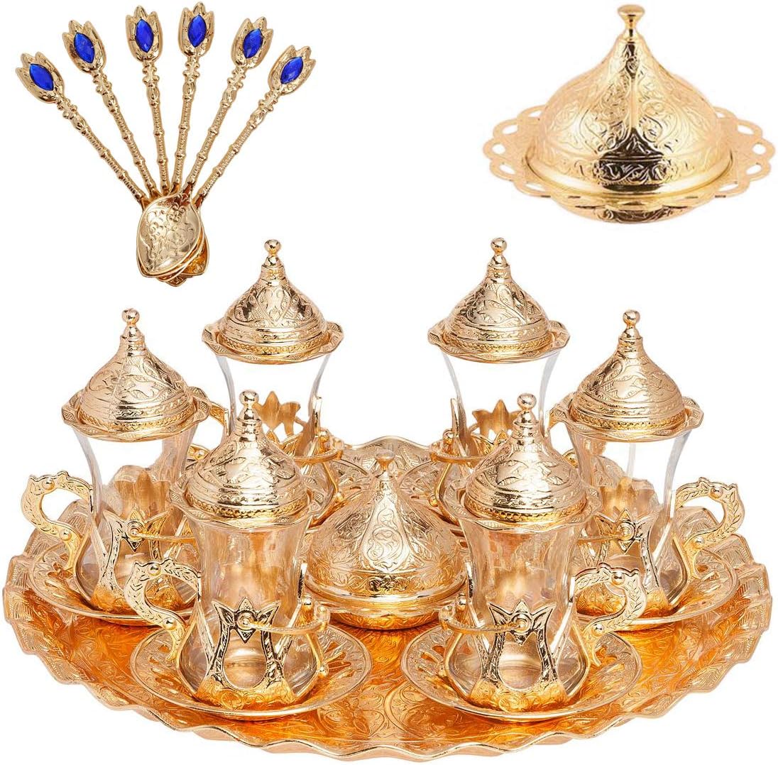 Alisveristime Handmade Turkish Tea Water Zamzam Serving Set Glasses Saucer, Tray and Spoon (Gold)
