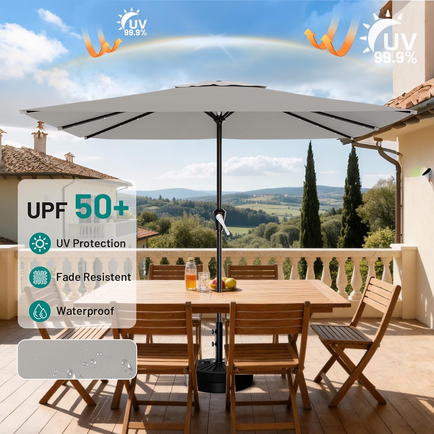 AreShark 8' X 10' Rectangular Patio Umbrella with Solar Lights, Lighted Solar Umbrella with Crank, Outdoor Table Umbrella for Garden, Deck, Backyard, Pool and Beach, Light Gray