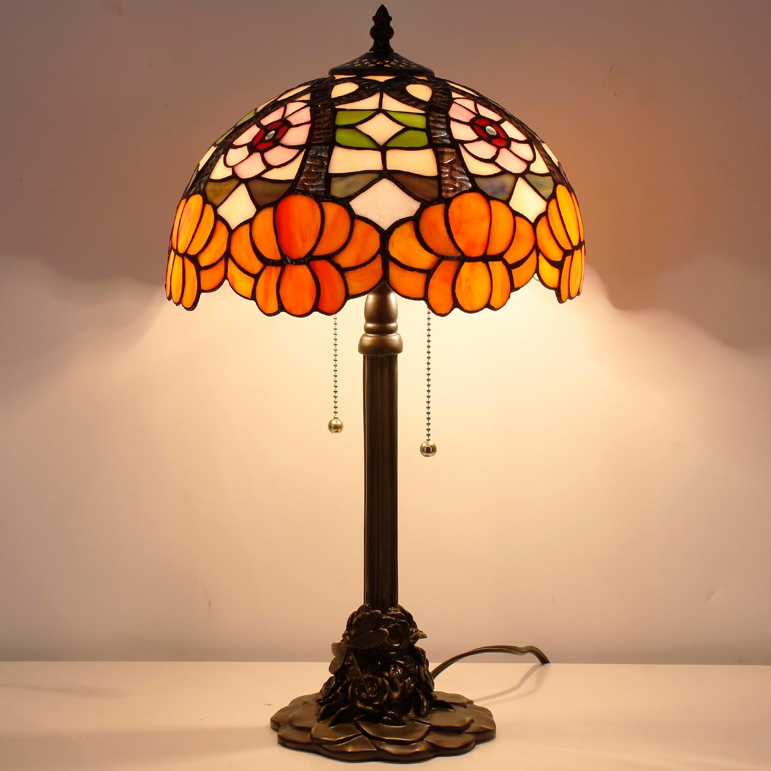 Tiffany Table Lamp Stained Glass Desk Lamp 12X12X21Inch Resin Base for Bedroom Living Room Reading Light (Orange Flower)