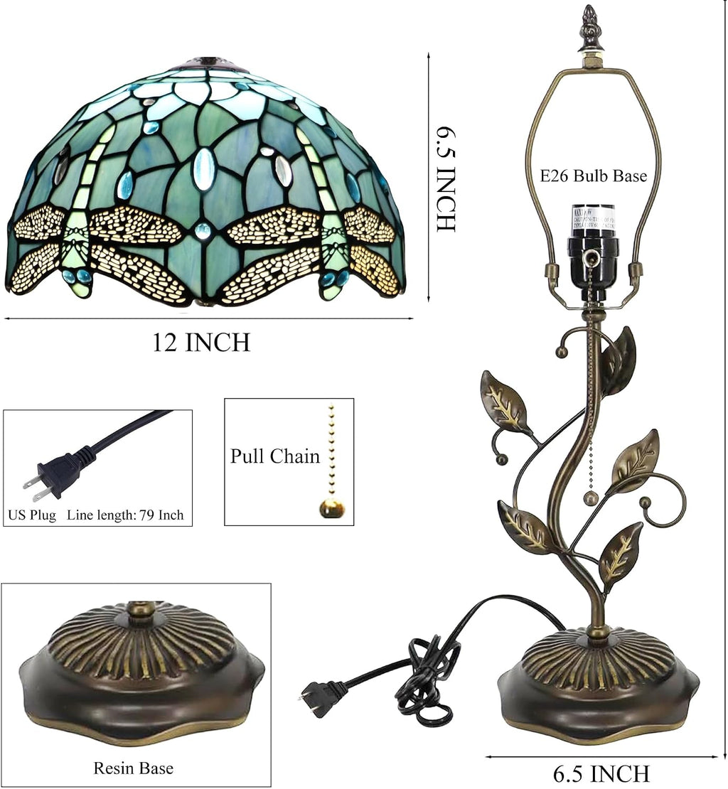 Tiffany Table Lamp Stained Glass Desk Lamp Metal Leaf Base Reading Light 12X19 Inch (Sea Blue Dragonfly)