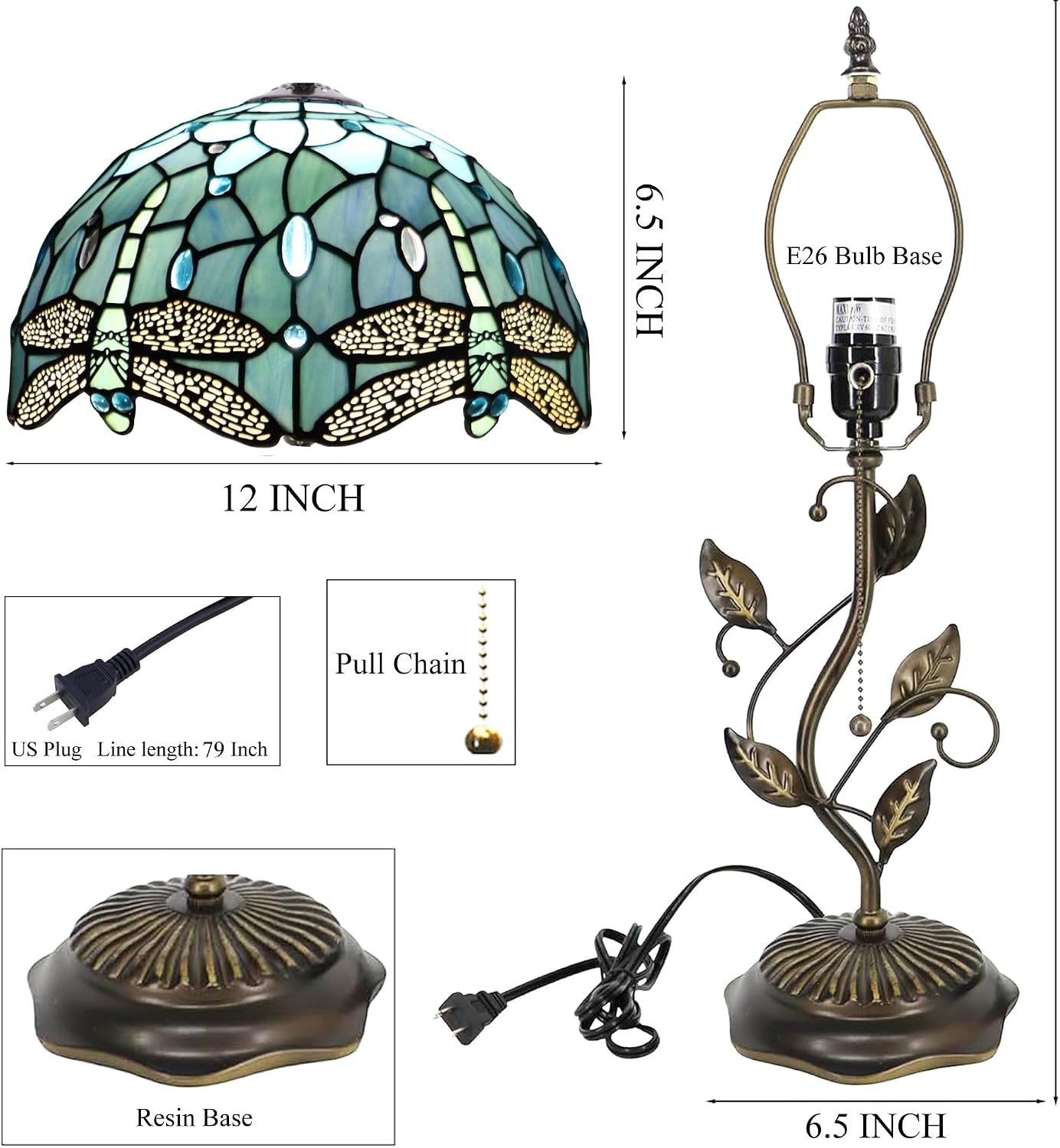 Tiffany Table Lamp Stained Glass Desk Lamp Metal Leaf Base Reading Light 12X19 Inch (Sea Blue Dragonfly)