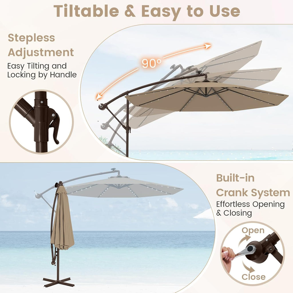 Tangkula 10FT Offset Patio Umbrella with Base Included, Outdoor Cantilever Umbrella with 40 Solar LED Lights, Tilt Adjustment, Crank Handle, Vented Top, Sand Bags for Pool Yard Deck (Tan)