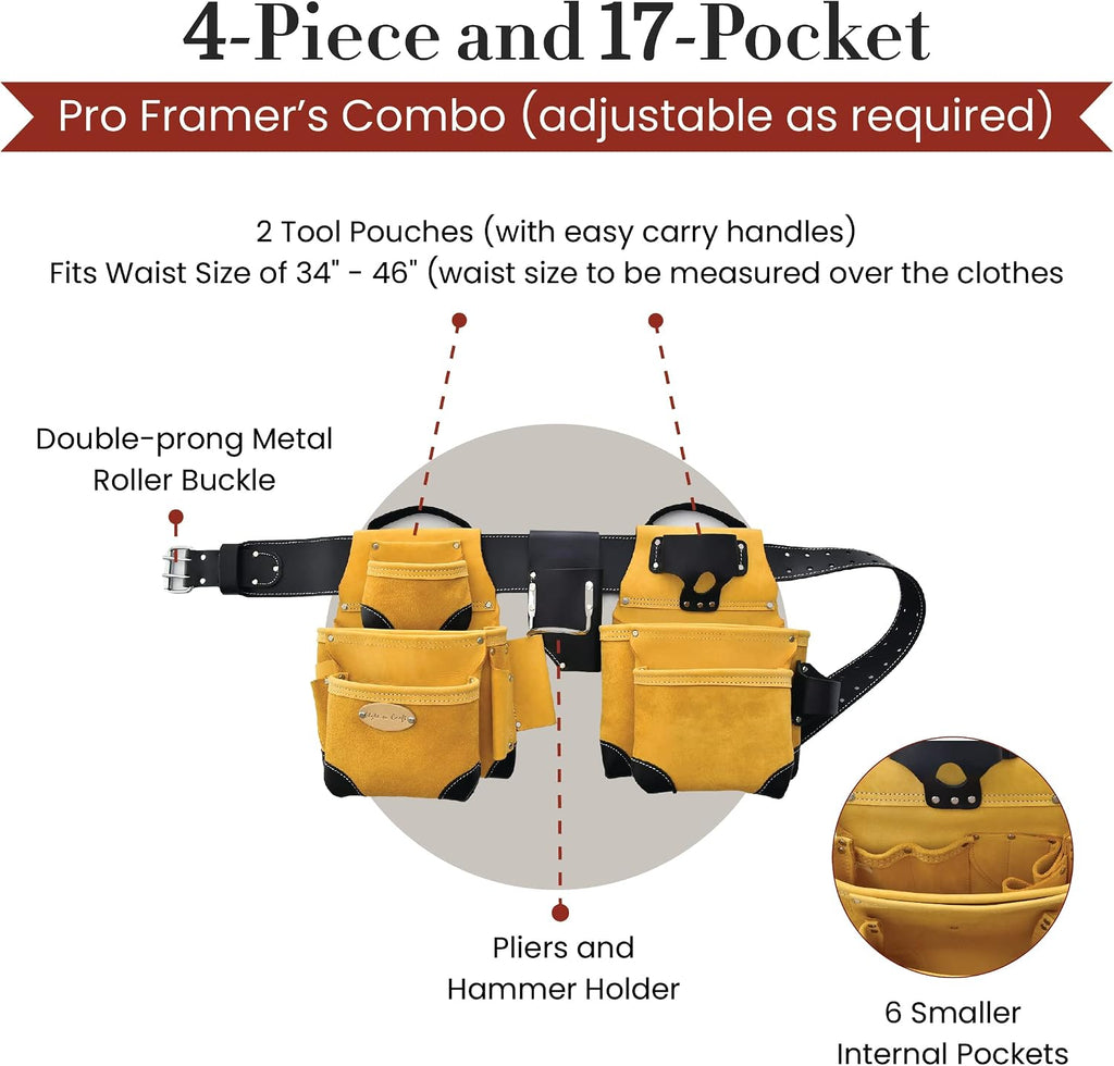Style n Craft 4-Piece and 17-Pocket Pro Framer's Combo, Tool Belt with 2 Tool Pouches and 1 Pliers and Hammer Holder, Full-Grain Leather Tool Belt Combo, Yellow with Black Leather Corners (93414)