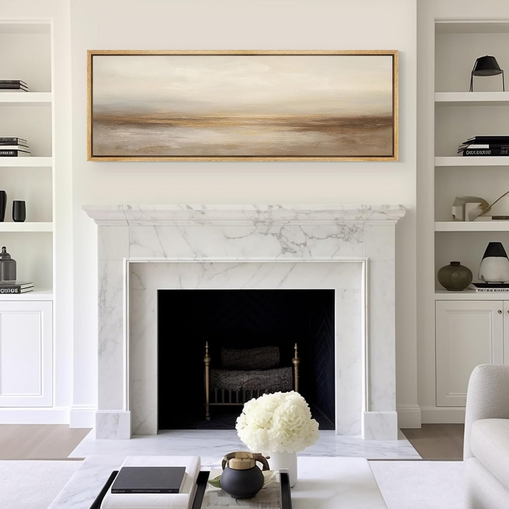 MUDECOR Large Framed Canvas Print Wall Art Neutral Beige Horizon Abstract Modern Minimalist Landscape Illustrations Decorative Colorful for Bedroom - 60'x20'