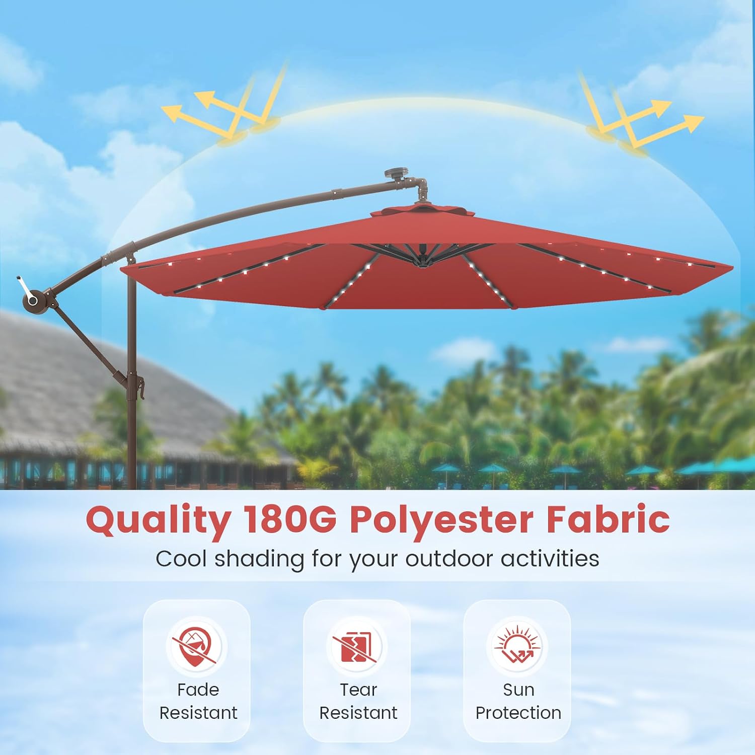 Tangkula 10FT Offset Patio Umbrella with Base Included, Outdoor Cantilever Umbrella with 40 Solar LED Lights, Tilt Adjustment, Crank Handle, Vented Top, Sand Bags for Pool Yard Deck (Burgundy)