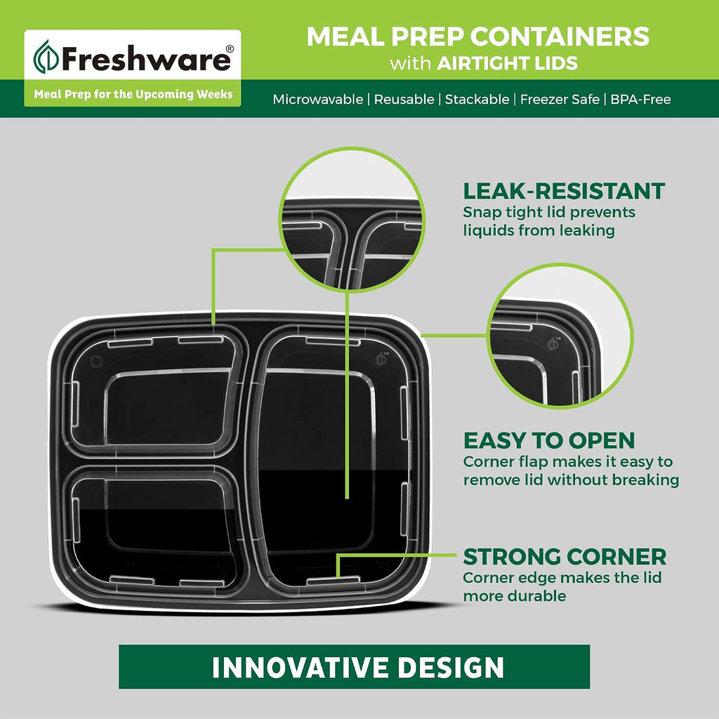 Freshware Meal Prep Containers 50 Count, 3 Compartment Food Storage Containers with Lids, Bento Box, BPA Free, Stackable, Microwave/Dishwasher/Freezer Safe (24 oz) (Pack of 6)