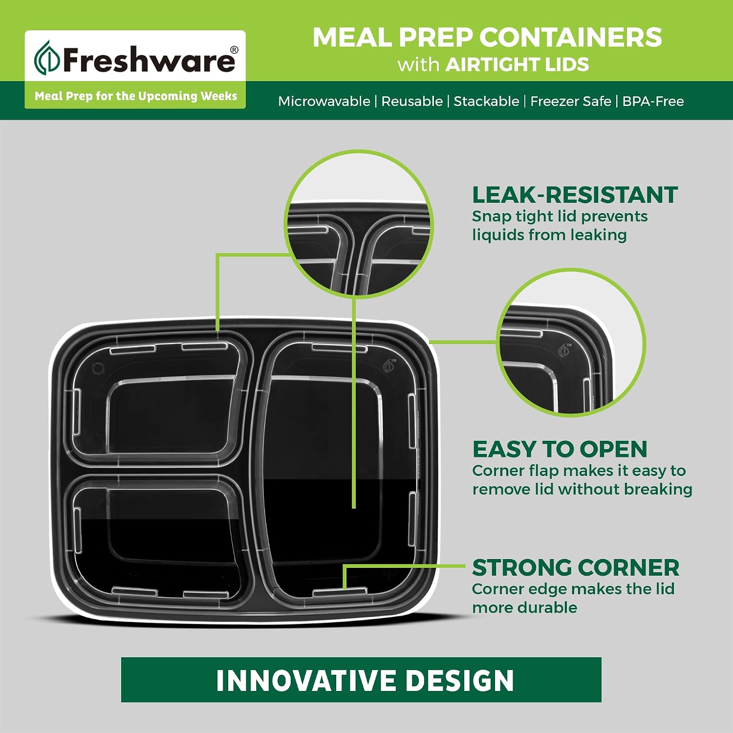 Freshware Meal Prep Containers 50 Count, 3 Compartment Food Storage Containers with Lids, Bento Box, BPA Free, Stackable, Microwave/Dishwasher/Freezer Safe (24 oz) (Pack of 6)